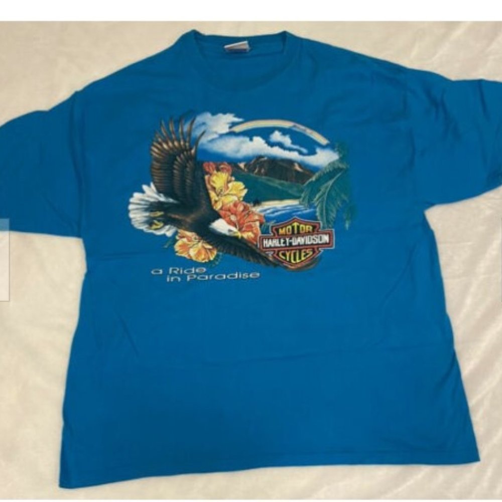 Harley Davidson Blue Tropical Eagle Maui T Shirt Mens XL Motorcycle Stratman